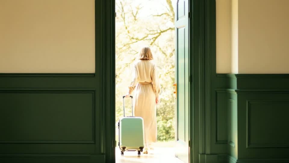 Eine Frau geht mit ihrem Koffer durch die offene Bogentür.